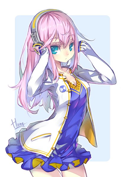 Anime picture 566x800 with original hong (white spider) single long hair tall image looking at viewer fringe blue eyes simple background standing pink hair border arched back outside border hand on headphones girl dress headphones clothes