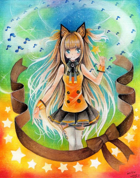 Anime picture 1185x1500 with vocaloid seeu mosho single long hair tall image blush fringe blue eyes blonde hair smile signed animal ears looking away two side up traditional media girl thighhighs ribbon (ribbons) white thighhighs