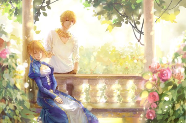 Anime picture 1360x900 with fate (series) fate/zero type-moon artoria pendragon (all) saber gilgamesh (fate) achyue long hair short hair blonde hair red eyes sitting cleavage ahoge eyes closed light smile sleeping girl dress boy