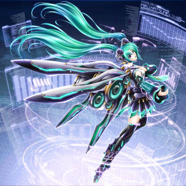 Anime picture 1500x1500 with vocaloid hatsune miku akatsuki matsumoto single long hair purple eyes twintails green hair mechanical wings girl thighhighs black thighhighs detached sleeves miniskirt headphones