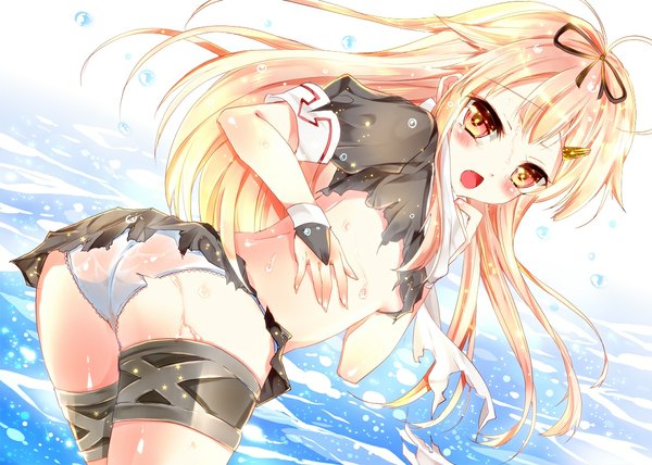 Anime picture 1119x800 with kantai collection yuudachi destroyer bariko single long hair blush open mouth light erotic blonde hair brown eyes ass torn clothes remodel (kantai collection) girl skirt underwear panties water sea