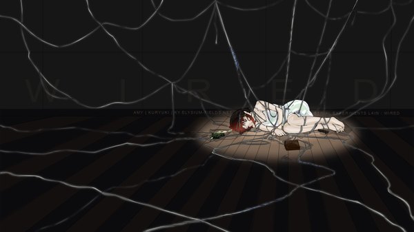 Anime picture 1366x768 with serial experiments lain iwakura lain short hair brown hair wide image lying barefoot striped gloom girl ribbon (ribbons) spider web