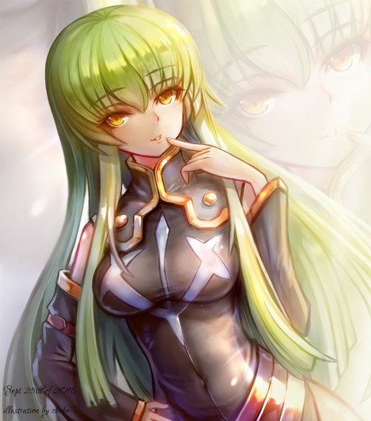 Anime picture 794x901 with code geass sunrise (studio) c.c. sxbzero single long hair tall image looking at viewer fringe breasts smile hair between eyes signed yellow eyes upper body long sleeves parted lips green hair hand on hip covered navel