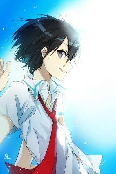 Anime picture 666x1000 with sword art online a-1 pictures kirigaya kazuto jianmo sl single tall image looking at viewer short hair open mouth black hair signed profile black eyes blue background boy uniform school uniform