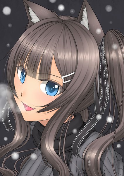 Anime picture 1000x1414 with original kai (link2262) long hair tall image open mouth blue eyes black hair animal ears cat ears teeth cat girl fang (fangs) snowing exhalation girl ribbon (ribbons) hair ribbon