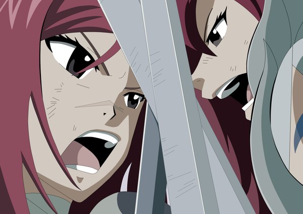 Anime picture 2328x1642 with fairy tail erza scarlet erza knightwalker long hair highres open mouth red hair grey eyes scar face to face vector girl sword