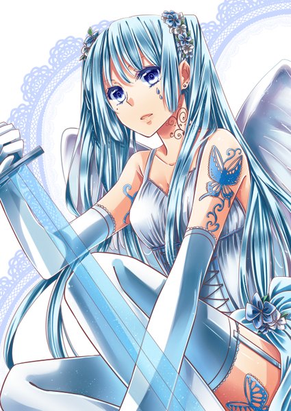 Anime picture 1032x1457 with vocaloid hatsune miku takamatsu (yamajiai) single long hair tall image open mouth blue eyes light erotic twintails blue hair hair flower tattoo alternate costume piercing angel wings body blush angel warrior girl