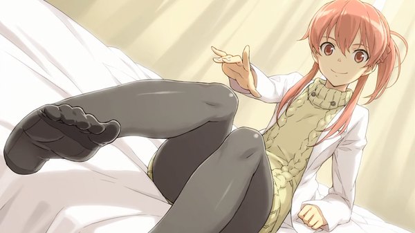 Anime picture 1280x720 with sasami-san@ganbaranai shaft (studio) yagami tsurugi morisawa haruyuki long hair red eyes wide image red hair legs girl pantyhose sweater labcoat