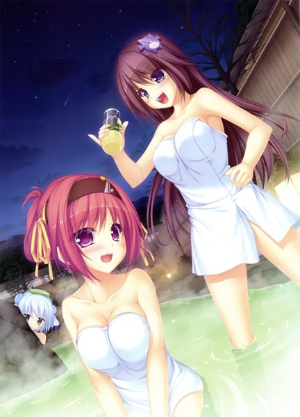 Anime picture 4836x6719 with tagme (copyright) tenmaso long hair tall image blush highres short hair open mouth light erotic purple eyes multiple girls absurdres purple hair white hair red hair scan night official art naked towel girl