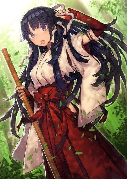 Anime picture 3676x5158 with yoiko no moecco! - long black hair only original mckeee single long hair tall image highres open mouth black hair absurdres traditional clothes black eyes scan miko girl ribbon (ribbons) hair ribbon leaf (leaves)