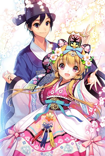 Anime picture 715x1063 with original cherrypin long hair tall image looking at viewer short hair open mouth black hair blonde hair purple eyes traditional clothes hair flower couple girl dress boy hair ornament flower (flowers) cap