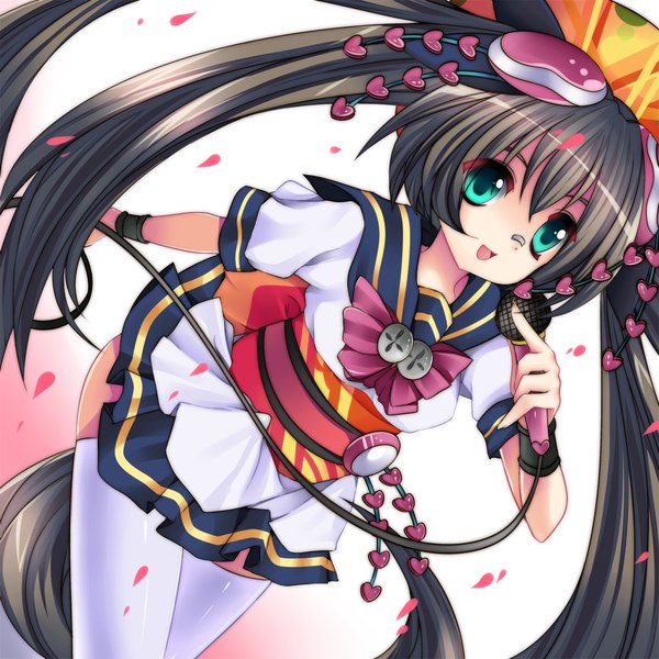 Anime picture 1500x1500 with original nijiiru (artist) single long hair looking at viewer open mouth black hair smile green eyes very long hair traditional clothes zettai ryouiki girl thighhighs dress hair ornament petals white thighhighs rose (roses) microphone