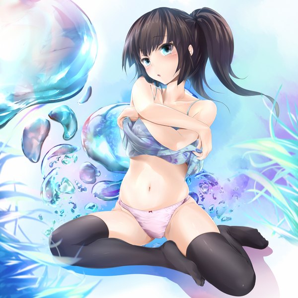 Anime picture 1000x1000 with original wingheart long hair blush blue eyes light erotic black hair side ponytail girl thighhighs underwear panties black thighhighs bubble (bubbles)