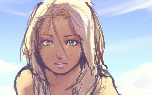 Anime picture 1680x1050 with original tagme (artist) long hair looking at viewer blonde hair wide image bare shoulders green eyes sky cloud (clouds) light smile lips lipstick dark skin close-up blue background face makeup girl