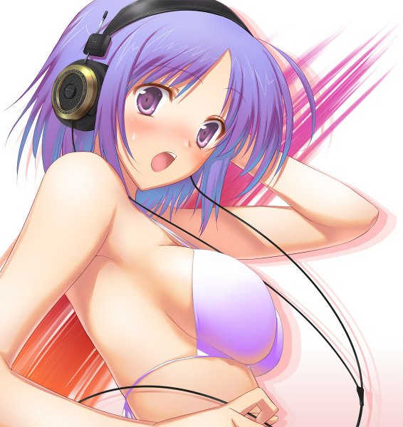 Anime picture 1132x1200 with original 47agdragon single tall image blush breasts open mouth light erotic purple eyes purple hair girl swimsuit bikini headphones