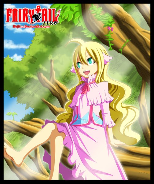 Anime picture 2100x2502 with fairy tail mavis vermillion bejitsu single long hair tall image highres open mouth blonde hair smile sky cloud (clouds) ahoge aqua eyes sunlight inscription loli legs copyright name coloring