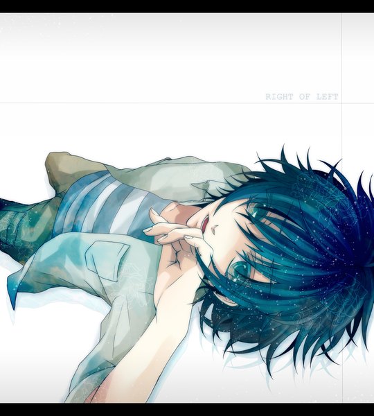 Anime picture 1860x2066 with soukyuu no fafner masaoka ryou single tall image highres short hair open mouth blue eyes white background blue hair inscription open clothes open shirt letterboxed boy