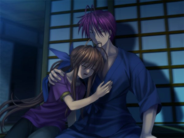 Anime picture 1100x825 with clannad key (studio) furukawa sanae furukawa akio mutsuki (moonknives) long hair brown hair purple hair ahoge eyes closed very long hair tears