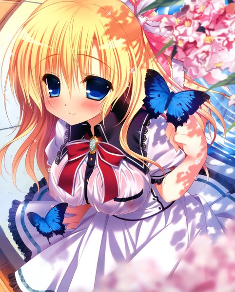 Anime picture 3285x4088 with pure girl mekami suzu nanaka mai long hair tall image blush fringe highres breasts blue eyes light erotic blonde hair hair between eyes large breasts absurdres nipples covered nipples half updo girl dress
