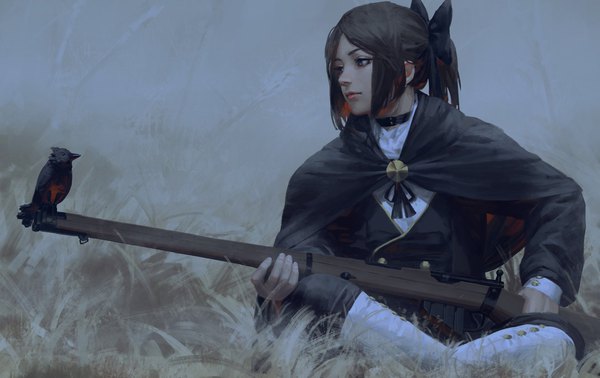 Anime picture 1938x1224 with original guweiz single long hair highres blue eyes black hair sitting holding payot looking away outdoors ponytail lips realistic double buttons indian style girl bow weapon