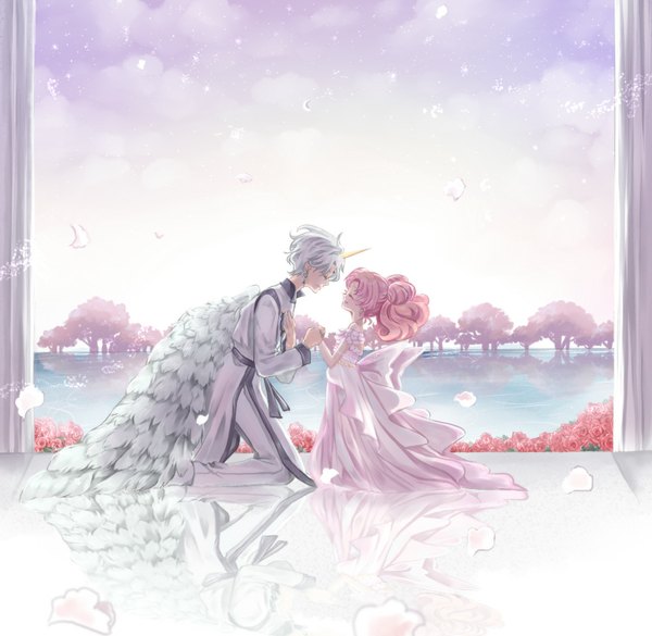 Anime picture 1024x1000 with bishoujo senshi sailor moon toei animation chibiusa helios long hair short hair smile twintails pink hair sky silver hair cloud (clouds) white hair eyes closed horn (horns) wind couple kneeling holding hands reflection