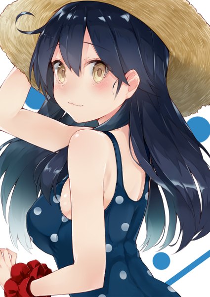 Anime picture 857x1210 with kantai collection ushio destroyer kou mashiro single long hair tall image looking at viewer blush breasts black hair bare shoulders yellow eyes wrist scrunchie girl dress hat sundress scrunchie hair tie straw hat