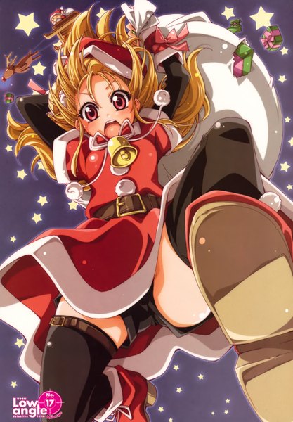 Anime picture 2097x3013 with santa claus mikage (curry berg dish) tall image highres open mouth blonde hair red eyes sky christmas soles bell collar girl thighhighs black thighhighs belt star (symbol) bell gift santa claus costume pom pom (clothes)