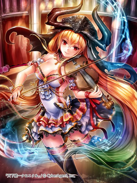 Anime picture 600x800 with tenka touitsu chronicle kempin single tall image looking at viewer fringe light erotic blonde hair hair between eyes red eyes standing twintails holding cleavage very long hair head tilt multicolored hair arm up horn (horns) green hair