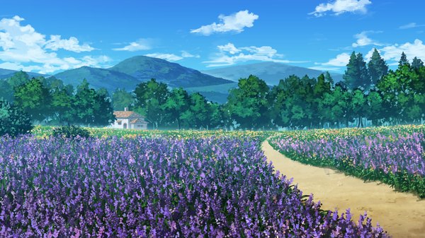 Anime picture 1280x720 with hyakka ryouran elixir senomoto hisashi wide image game cg sky cloud (clouds) mountain flower (flowers) house path lavender