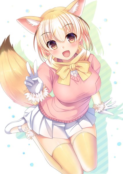 Anime picture 1240x1754 with kemono friends fennec (kemono friends) umitonakai single tall image looking at viewer blush fringe short hair breasts open mouth simple background blonde hair smile hair between eyes brown hair large breasts white background sitting brown eyes