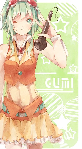 Anime picture 722x1300 with vocaloid gumi lemon honey1013 single tall image short hair bare shoulders green eyes looking away one eye closed green hair wink character names border green background girl wrist cuffs microphone