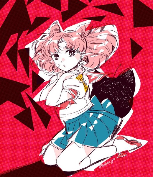 Anime picture 700x809 with bishoujo senshi sailor moon toei animation chibiusa luna p t growing single tall image short hair twintails signed looking away pink hair full body pleated skirt looking back black eyes hair bun (hair buns) kneeling short twintails red background