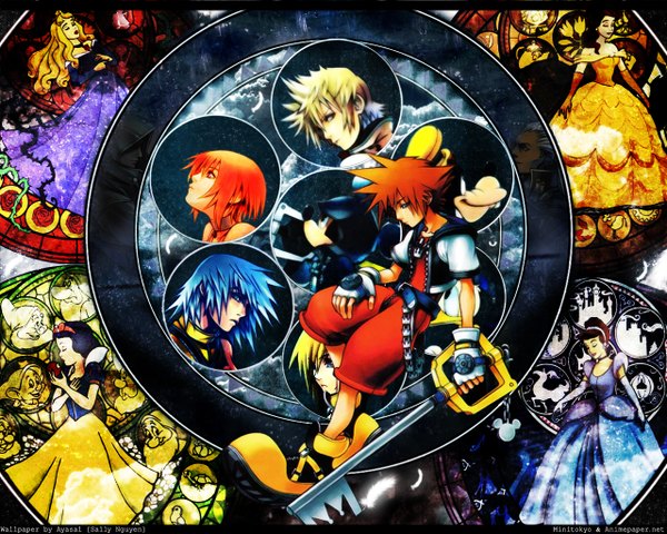 Anime picture 1280x1024 with kingdom hearts kingdom hearts ii square enix disney snow white cinderella kairi (kingdom hearts) sora (kingdom hearts) belle (katahane) goofy donald duck mickey mouse princess aurora blonde hair multiple girls blue hair orange hair multiple boys 6+ girls 6 girls