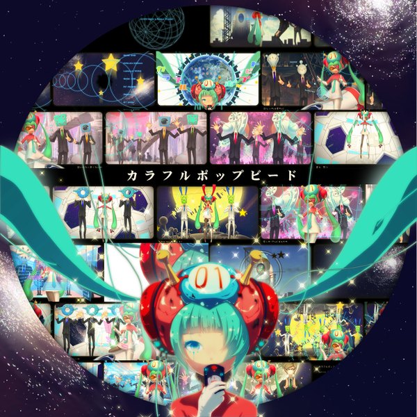 Anime picture 1280x1280 with vocaloid hatsune miku ixima long hair fringe twintails aqua eyes hair over one eye aqua hair space girl dress boy glasses necktie star (stars) suit wire (wires) helmet