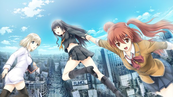 Anime picture 1024x576 with tokyo babel long hair short hair open mouth blue eyes black hair red eyes wide image twintails multiple girls game cg white hair red hair city ruins girl thighhighs uniform black thighhighs school uniform