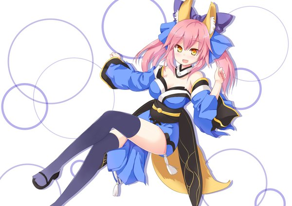 Anime picture 2046x1447 with fate (series) fate/extra type-moon tamamo (fate) (all) tamamo no mae (fate) binsen single long hair highres open mouth twintails bare shoulders yellow eyes pink hair japanese clothes fox ears fox tail fox girl girl thighhighs