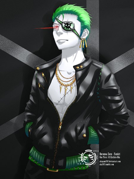 Anime picture 800x1067 with one piece toei animation roronoa zoro akagami707 single tall image short hair red eyes green hair inscription coloring glowing scar glowing eye (eyes) pale skin hands in pockets skull and crossbones boy earrings jewelry