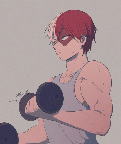 Anime picture 1000x1189 with boku no hero academia studio bones todoroki shouto xi yuu single tall image short hair simple background signed looking away upper body white hair red hair multicolored hair grey background two-tone hair sweat sleeveless heterochromia dated