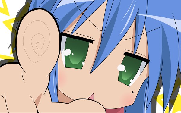 Anime picture 1920x1200 with lucky star kyoto animation izumi konata single long hair looking at viewer fringe highres open mouth hair between eyes green eyes blue hair mole mole under eye close-up vector pointing pointing at viewer girl star (symbol)