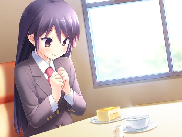 Anime picture 1024x768 with cafe sourire cuffs (studio) yukishita miyuri long hair black hair brown eyes game cg mole mole under eye girl serafuku