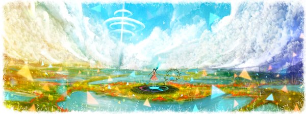 Anime picture 3000x1125 with original bounin long hair highres wide image twintails holding sky cloud (clouds) city mountain landscape framed panorama girl dress plant (plants) tree (trees) water headphones