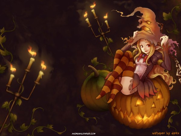 Anime picture 1280x960 with tagme (artist) single long hair blonde hair red eyes signed pointy ears torn clothes halloween girl thighhighs plant (plants) hat striped thighhighs fire candle (candles)