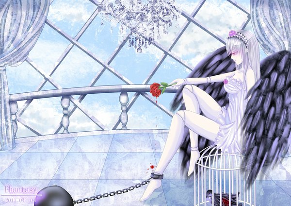 Anime picture 1181x835 with rozen maiden suigintou lunatic (phantasy) single long hair red eyes bare shoulders white hair girl dress flower (flowers) wings headdress blood chain cage