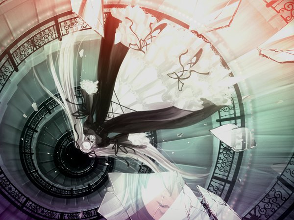 Anime picture 1024x768 with vocaloid hatsune miku pd-x single white hair very long hair falling hair over eyes girl dress ribbon (ribbons) hair ribbon stairs