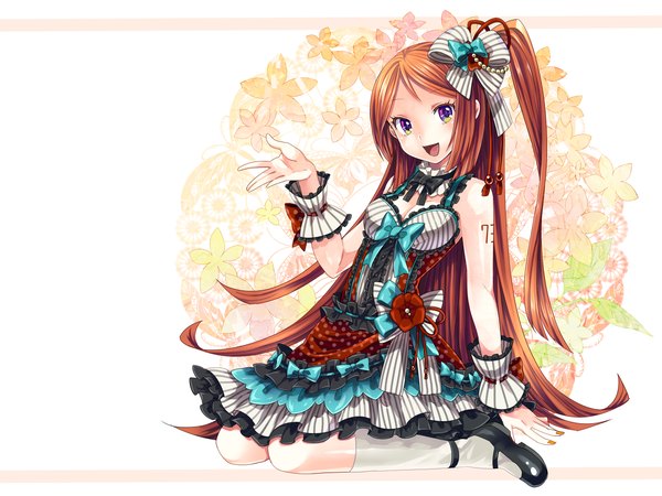 Anime picture 1204x903 with utau toudou charo single looking at viewer open mouth bare shoulders very long hair orange hair one side up multicolored eyes girl dress flower (flowers) bow hair bow socks white socks