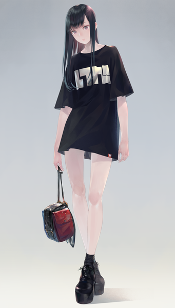 Anime picture 1300x2283 with original sousou (sousouworks) single long hair tall image looking at viewer fringe black hair simple background standing purple eyes holding full body short sleeves crossed legs gradient background fashion girl socks shoes
