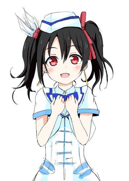 Anime picture 1022x1429 with love live! school idol project sunrise (studio) love live! yazawa nico basira single tall image looking at viewer blush fringe short hair open mouth black hair simple background red eyes standing white background twintails :d short sleeves