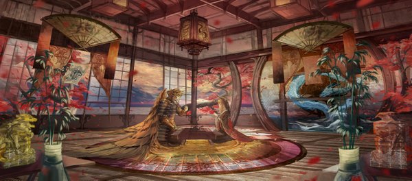 Anime picture 2807x1237 with original sa'yuki long hair fringe highres blonde hair wide image sitting indoors blunt bangs traditional clothes japanese clothes horn (horns) light smile wide sleeves oni horns demon samurai girl plant (plants)