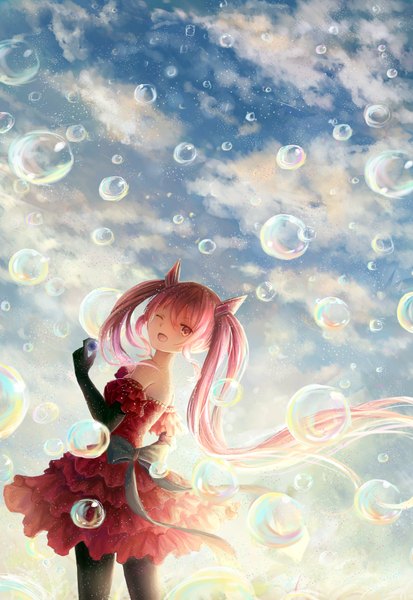 Anime picture 1200x1742 with original nio (jacky19921205) single long hair tall image open mouth twintails yellow eyes pink hair sky cloud (clouds) one eye closed wink girl dress gloves hair ornament bow elbow gloves bubble (bubbles)