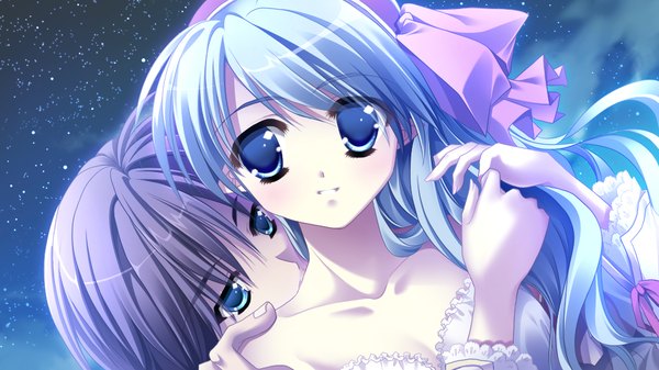 Anime picture 1024x576 with toki o kanaderu waltz salene de long hair short hair blue eyes black hair wide image blue hair game cg couple girl boy